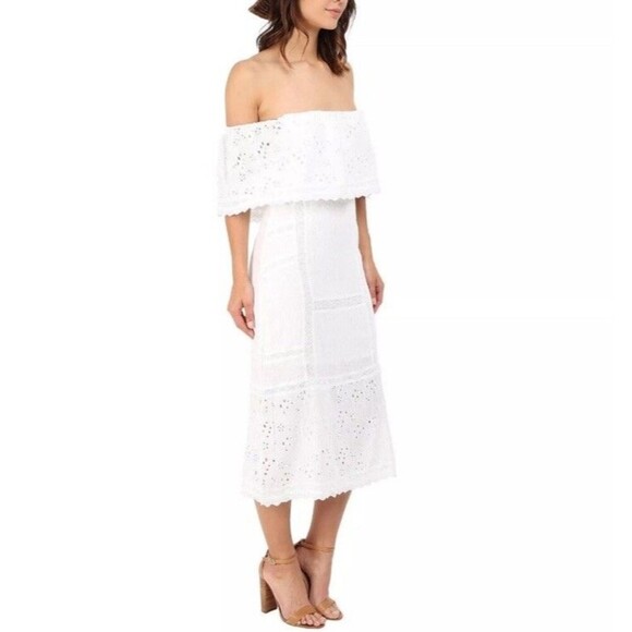 Free People Off Shoulder Dress Medium Ivory Cottagecore Prairie Indie Midi Eyele - Picture 1 of 15